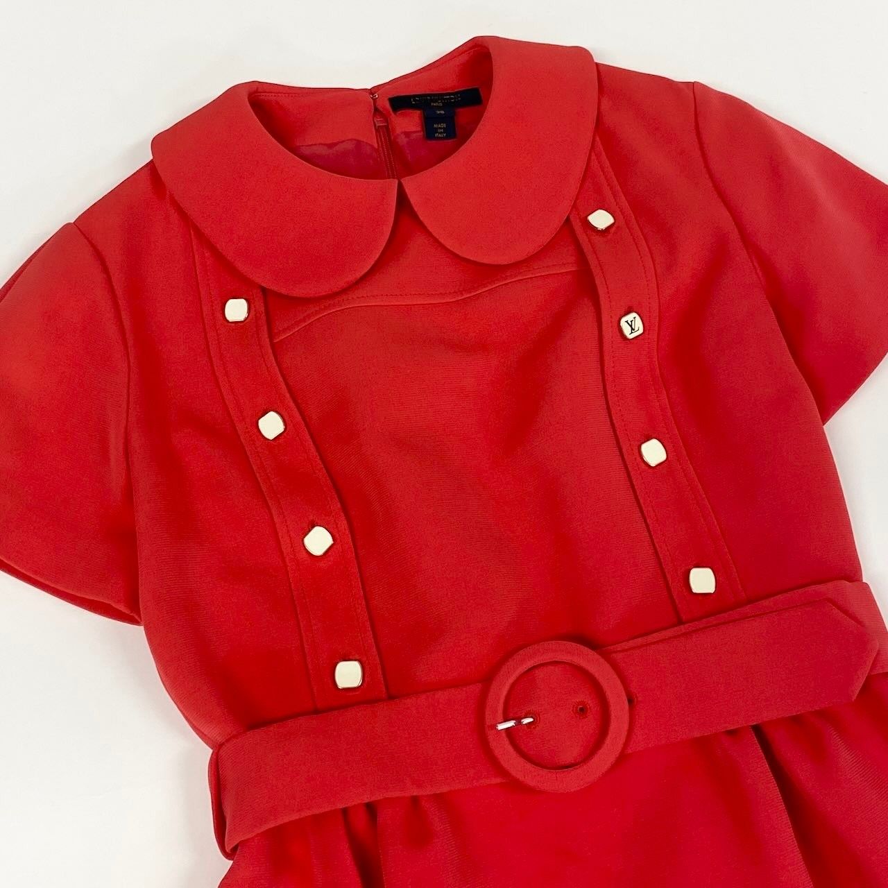 Louis Vuitton Belted Dress LV Logo Button Short Sleeve Hzl 38 Red — view 4