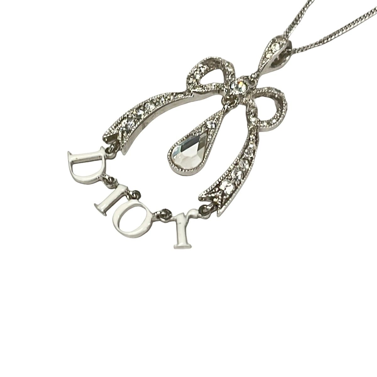 Dior Necklace Silver Clear White Logo Motif Ribbon