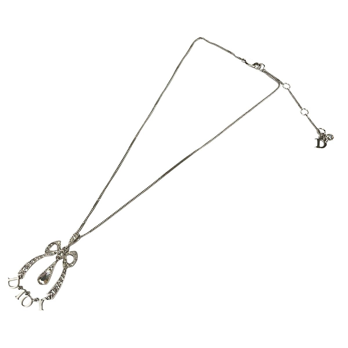 Dior Necklace Silver Clear White Logo Motif Ribbon — view 2