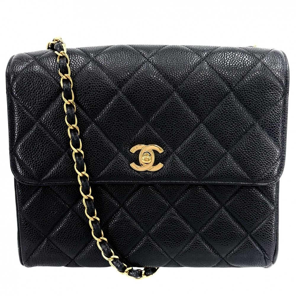 Chanel Shoulder Bag Quilted Chain Square Crossbody CC Logo Turnlock Caviar
