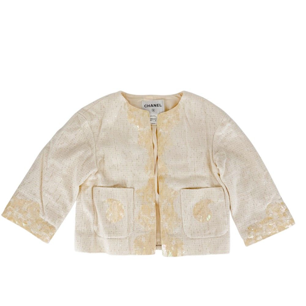 Chanel Collarless Jacket Seashell Front Hook 38 Ivory Cotton Vinyl Rayon Acrylic