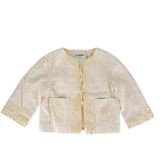 Chanel Collarless Jacket Seashell Front Hook 38 Ivory Cotton Vinyl Rayon Acrylic