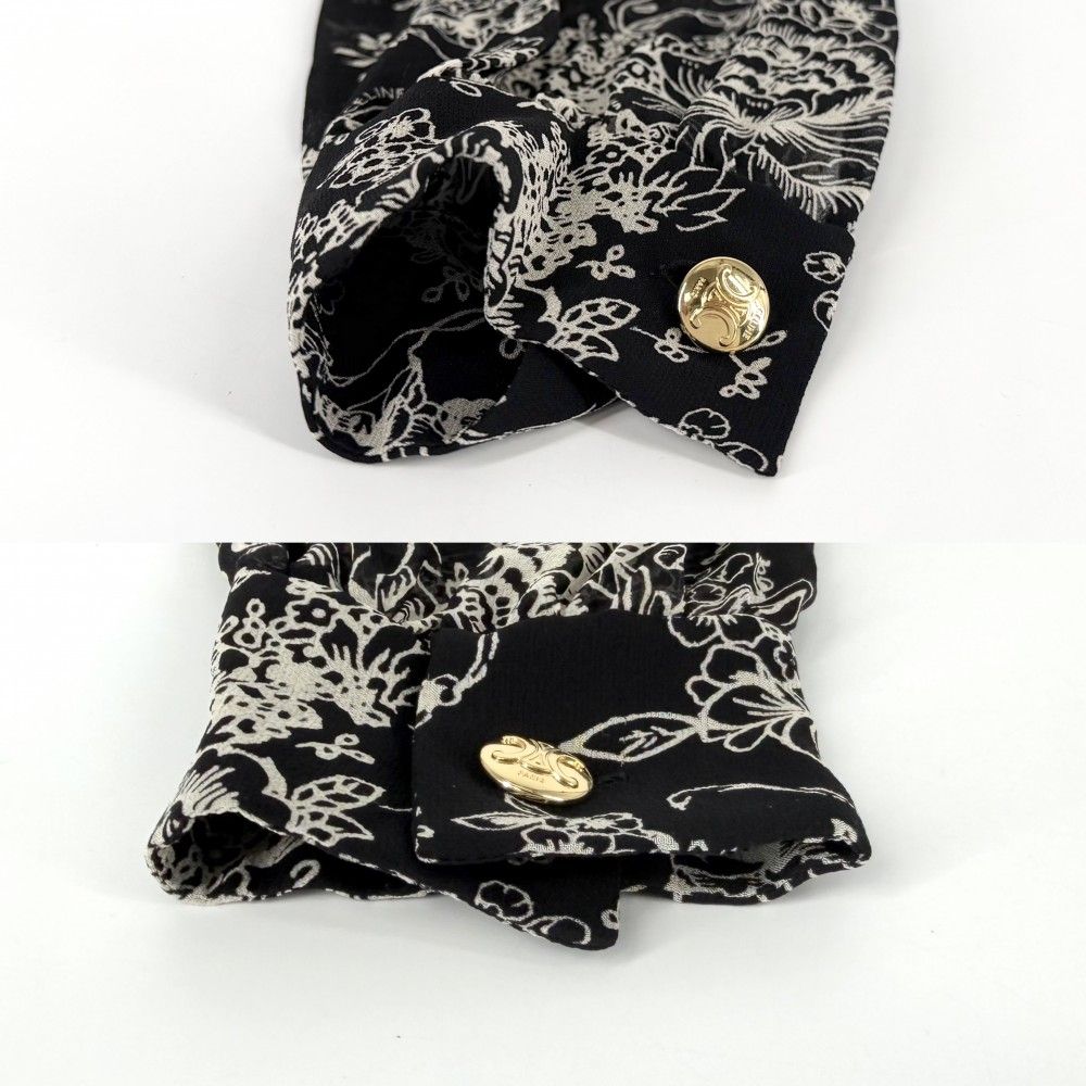 Celine Dress Floral Bowtie Long Sleeve 38 Black Beige Gold Silk — view 3