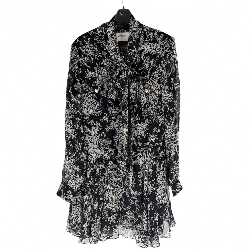Celine Dress Floral Bowtie Long Sleeve 38 Black Beige Gold Silk