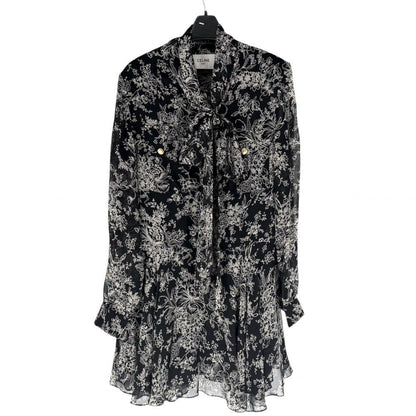 Celine Dress Floral Bowtie Long Sleeve 38 Black Beige Gold Silk