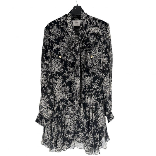 Celine Dress Floral Bowtie Long Sleeve 38 Black Beige Gold Silk