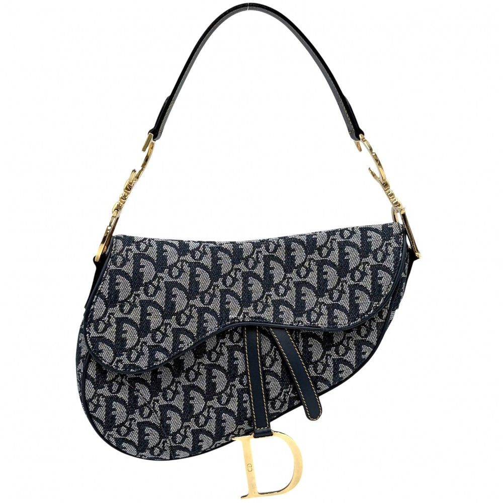Dior Oblique Saddle Bag Canvas Leather Navy Gold