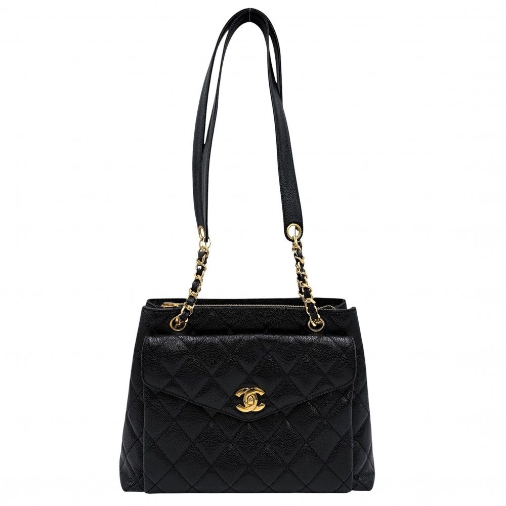 Chanel Shoulder Bag CC Logo Quilted Full Flap Bag Caviar Leather Black Gold
