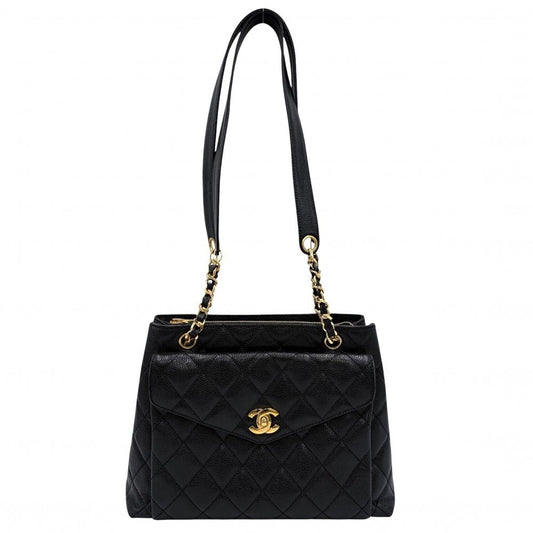 Chanel Shoulder Bag CC Logo Quilted Full Flap Bag Caviar Leather Black Gold