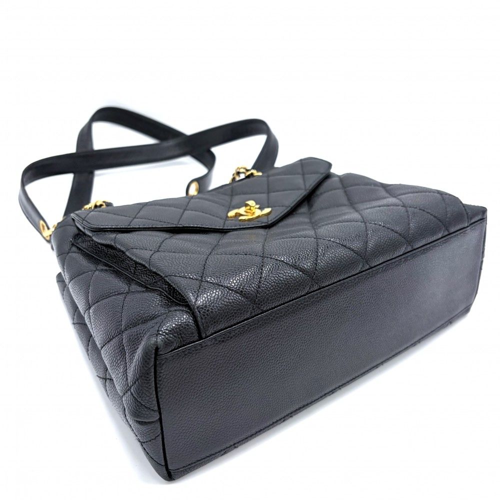 Chanel Shoulder Bag CC Logo Quilted Full Flap Bag Caviar Leather Black Gold — view 3