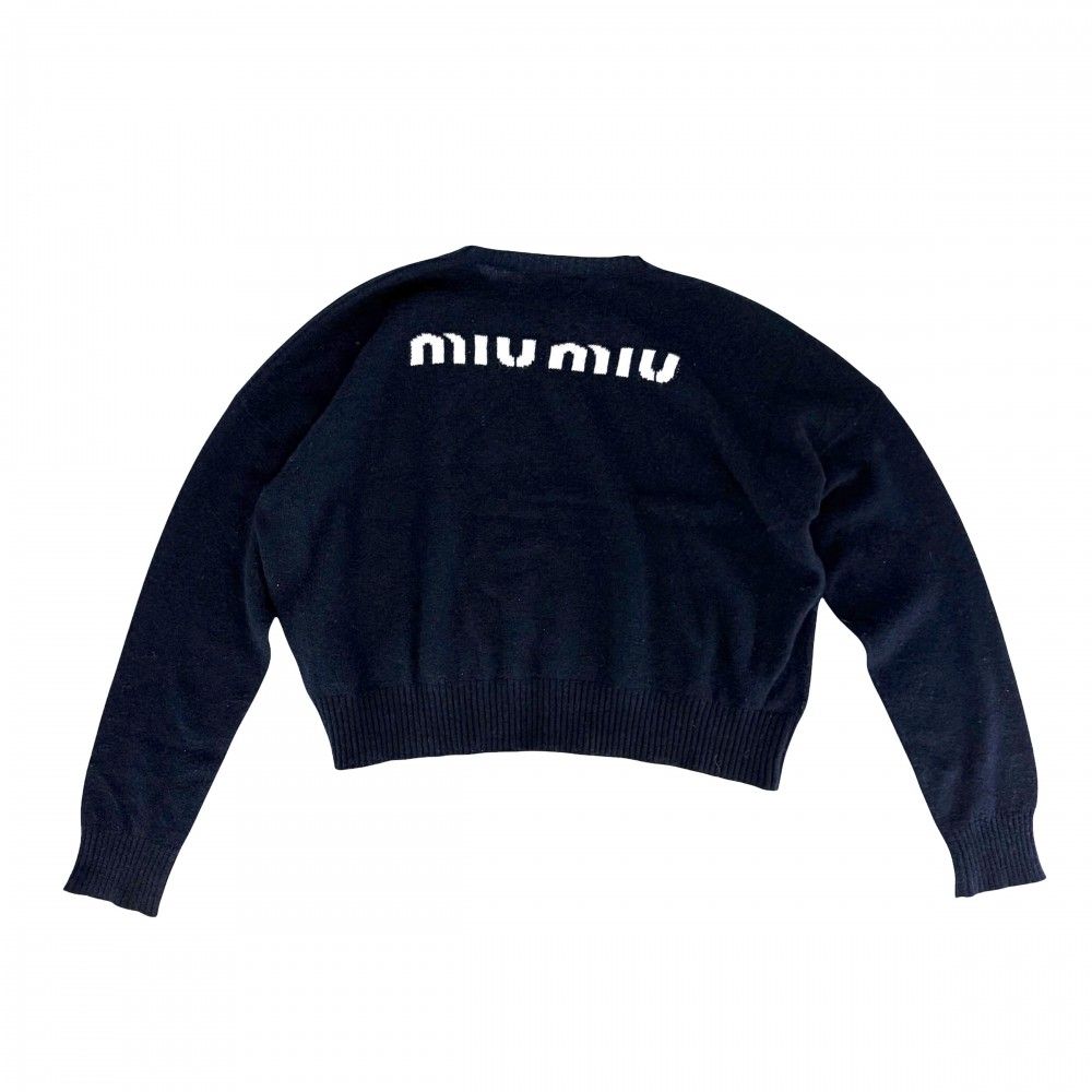 Miu Miu Miu Top Center Slit Back Logo Long Sleeve Knit Sweater 40 Navy Cashmere — view 2