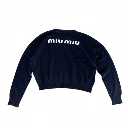 Miu Miu Miu Top Center Slit Back Logo Long Sleeve Knit Sweater 40 Navy Cashmere — view 2