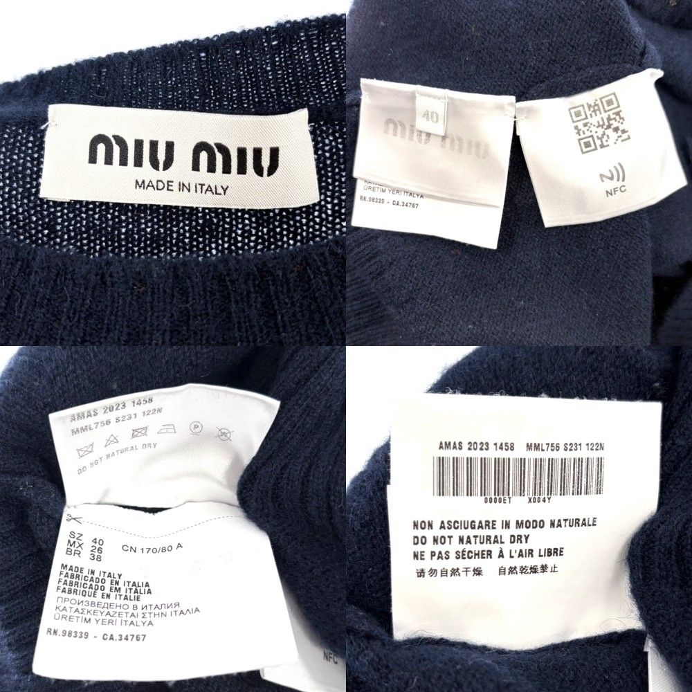 Miu Miu Miu Top Center Slit Back Logo Long Sleeve Knit Sweater 40 Navy Cashmere — view 4