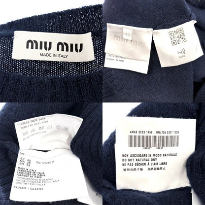 Miu Miu Miu Top Center Slit Back Logo Long Sleeve Knit Sweater 40 Navy Cashmere — view 4