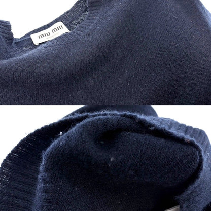 Miu Miu Miu Top Center Slit Back Logo Long Sleeve Knit Sweater 40 Navy Cashmere — view 6