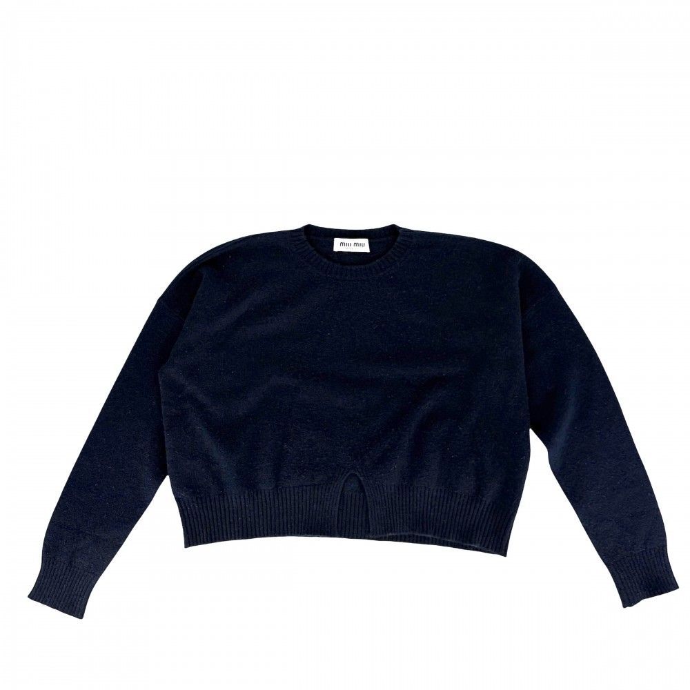 Miu Miu Miu Top Center Slit Back Logo Long Sleeve Knit Sweater 40 Navy Cashmere