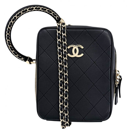 Chanel Shoulder Bag Pochette CC Logo 2-Way Crossbody Quilted Leather Black Gold