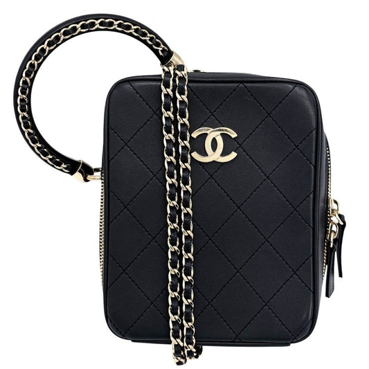 Chanel Shoulder Bag Pochette CC Logo 2-Way Crossbody Quilted Leather Black Gold