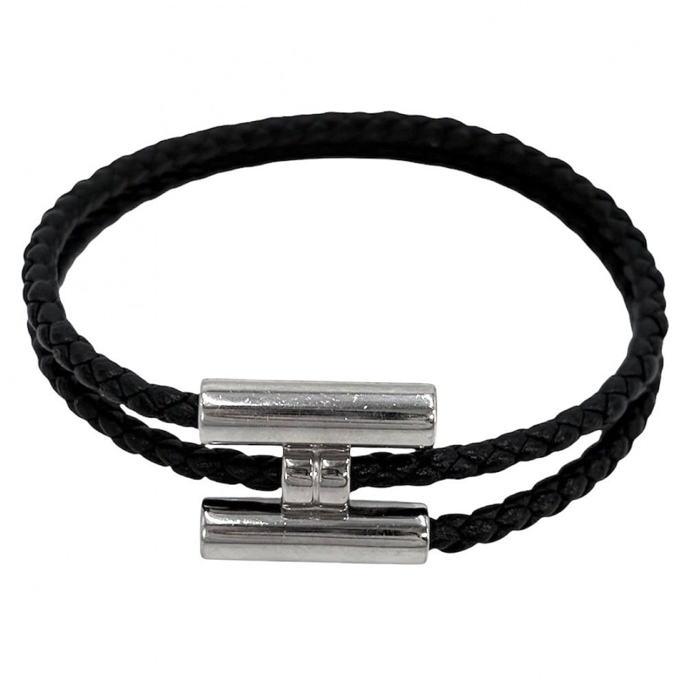 Hermes Bracelet Leather Tourni Tresse Cord Black Silver