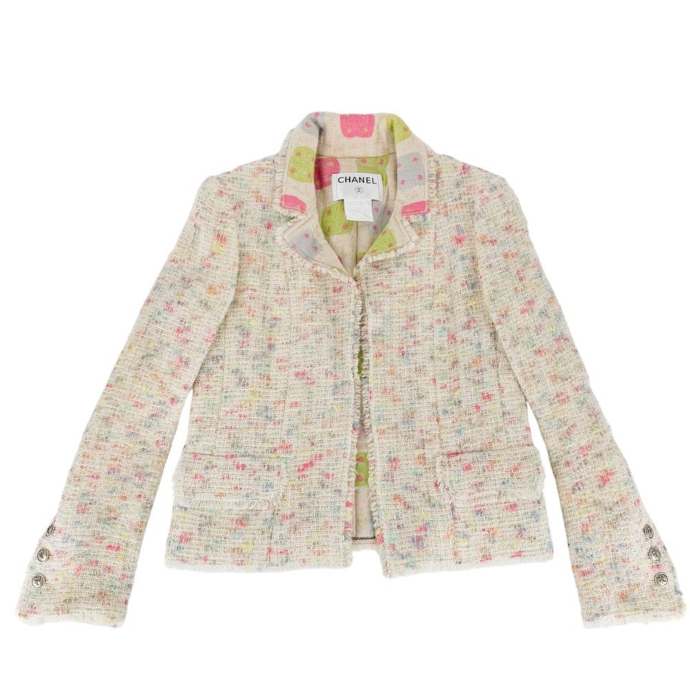 Chanel Ribbon Button Tweed Jacket 38 Ivory Multicolor Gold