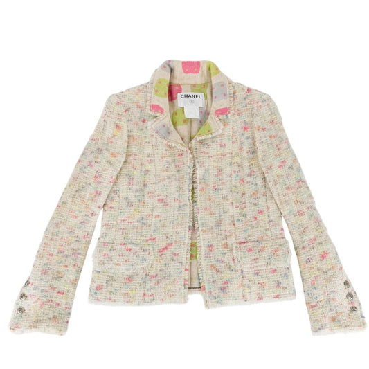 Chanel Ribbon Button Tweed Jacket 38 Ivory Multicolor Gold