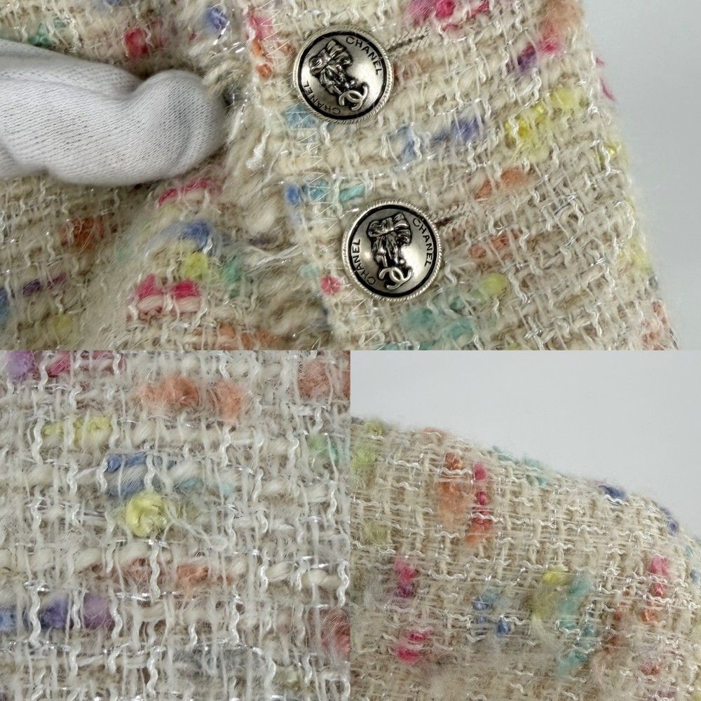 Chanel Ribbon Button Tweed Jacket 38 Ivory Multicolor Gold — view 5