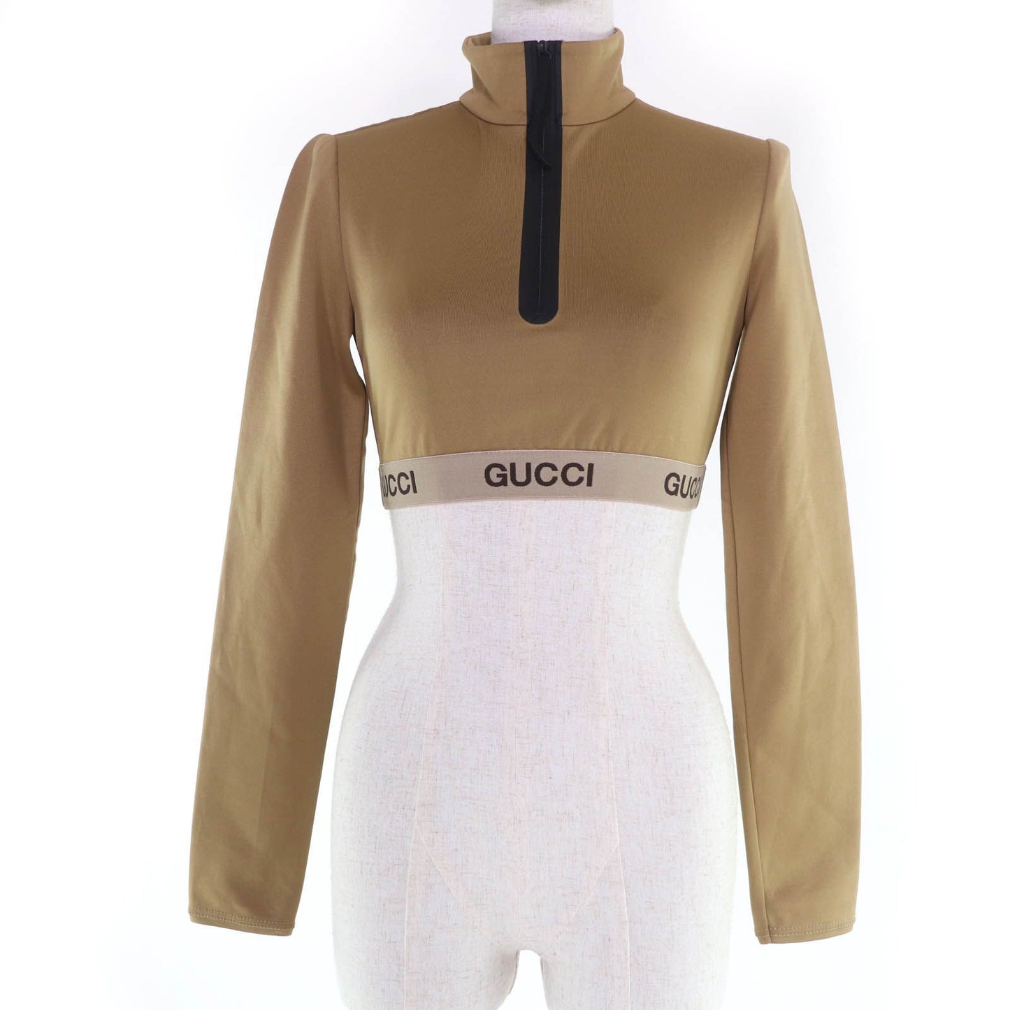 Gucci Cotton Logo Cropped Long Sleeve Top Brown Xxs