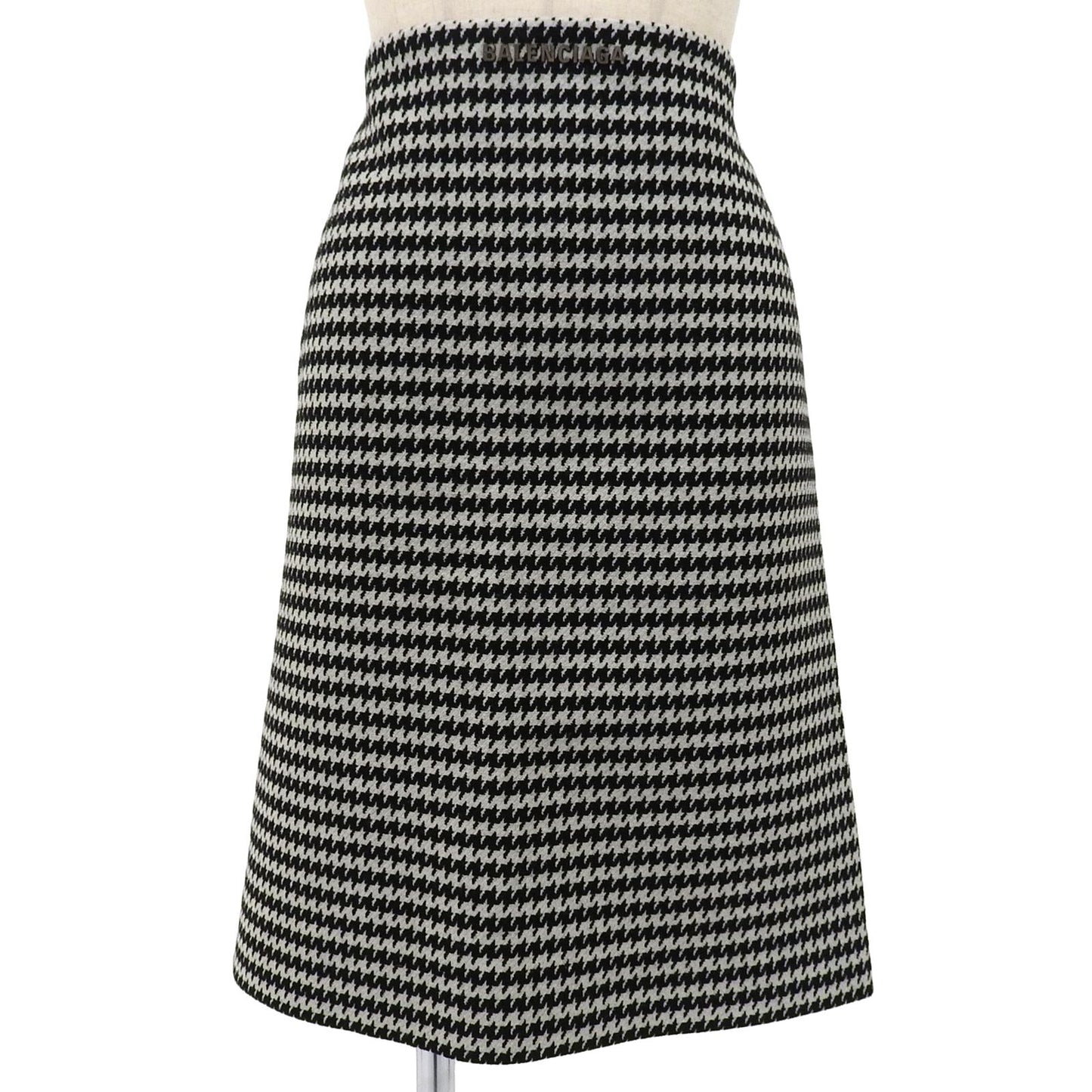 Balenciaga Wool Logo Plate Houndstooth Tight Skirt Black White 36