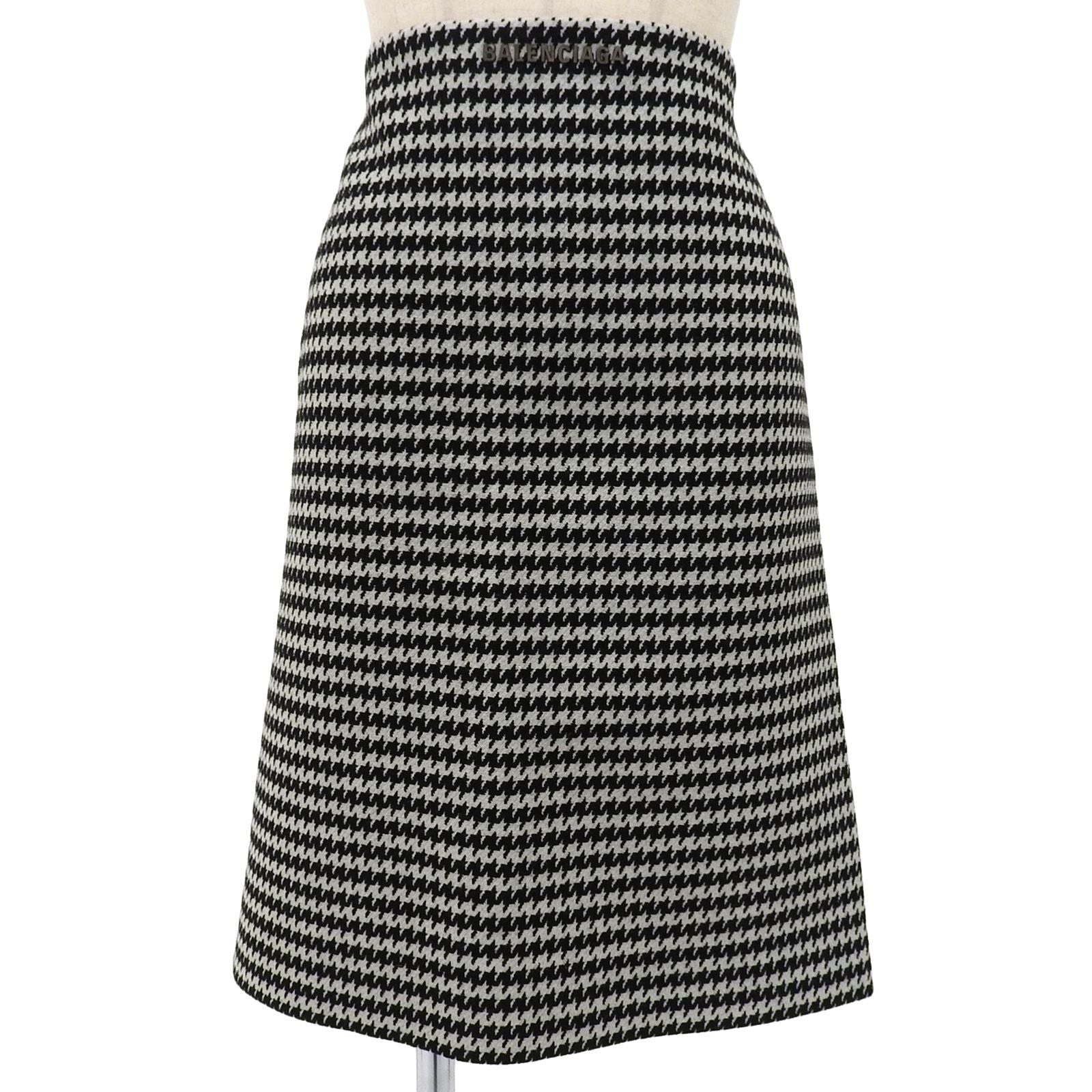 Balenciaga Wool Logo Plate Houndstooth Tight Skirt Black White 36