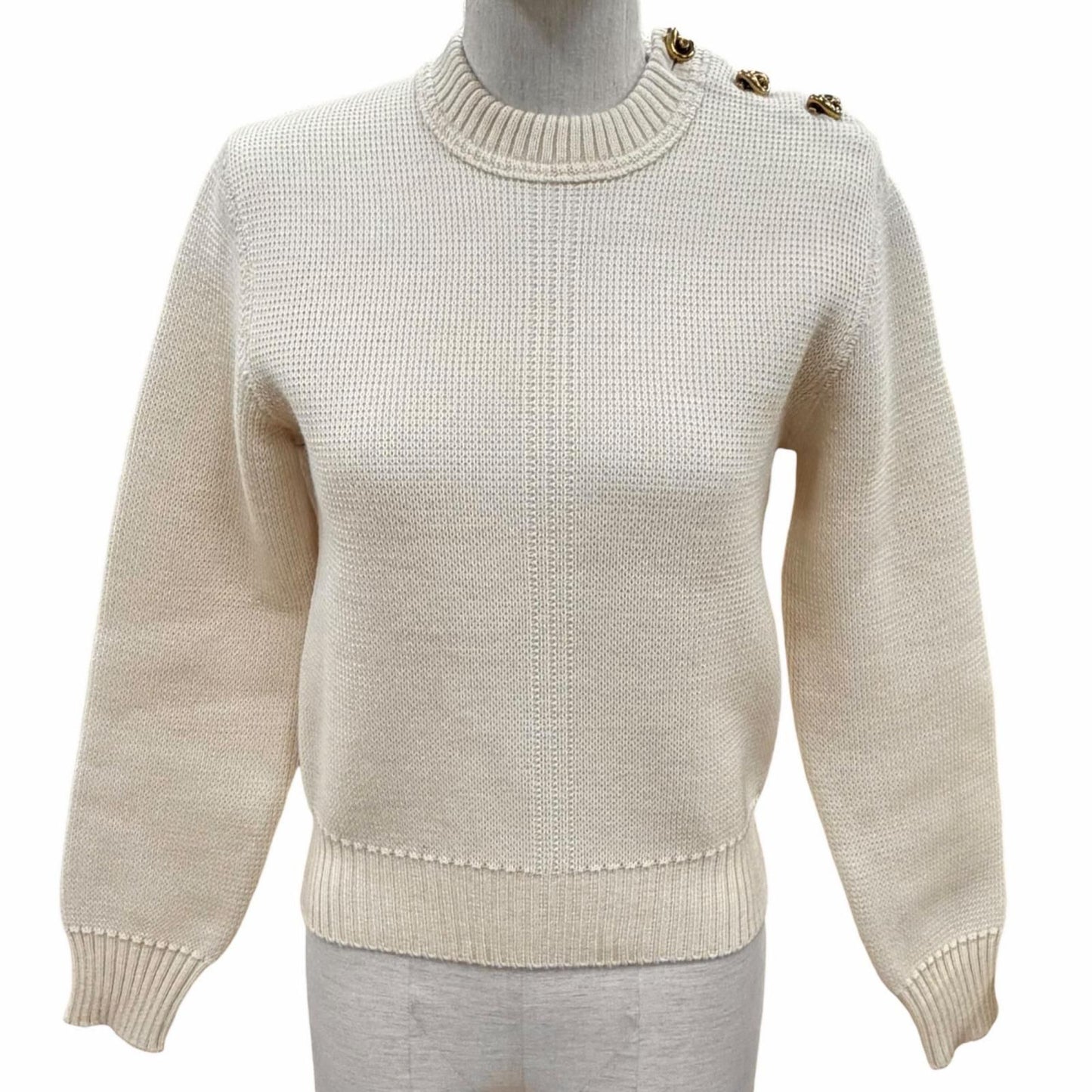 Bottega Veneta Wool Long Sleeve Knit Sweater with Gold Buttons Off White XS