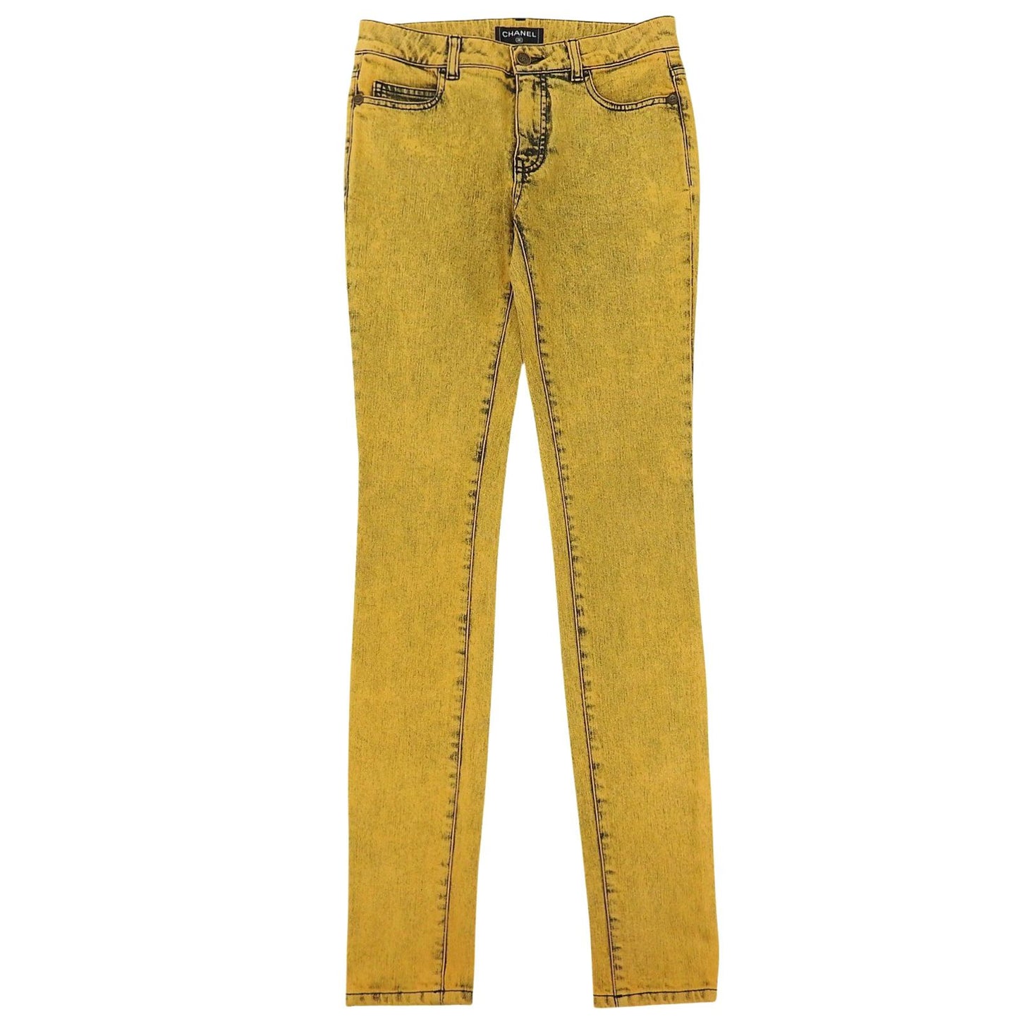 Chanel Cotton CC Logo Buttoned Skinny Denim Pants Yellow 34