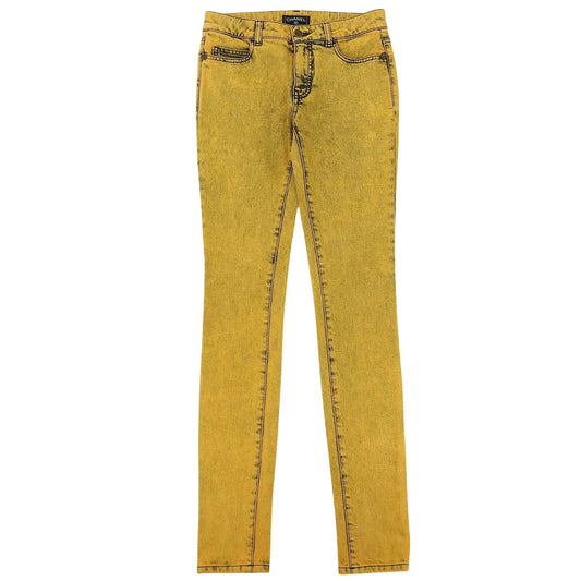 Chanel Cotton CC Logo Buttoned Skinny Denim Pants Yellow 34