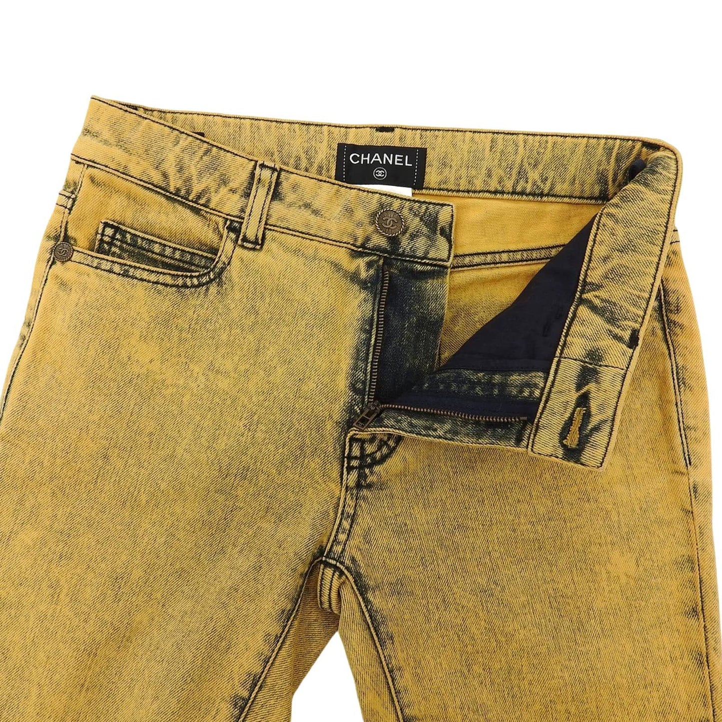 Chanel Cotton CC Logo Buttoned Skinny Denim Pants Yellow 34 — view 3