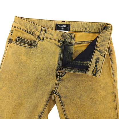 Chanel Cotton CC Logo Buttoned Skinny Denim Pants Yellow 34 — view 3