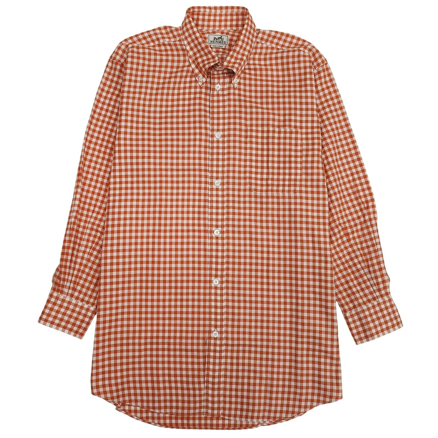 Hermes Cotton 100% Series Button Plaid Long Sleeve Shirt Orange White 41