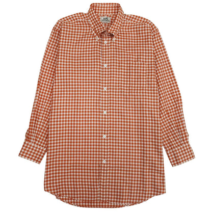Hermes Cotton 100% Series Button Plaid Long Sleeve Shirt Orange White 41