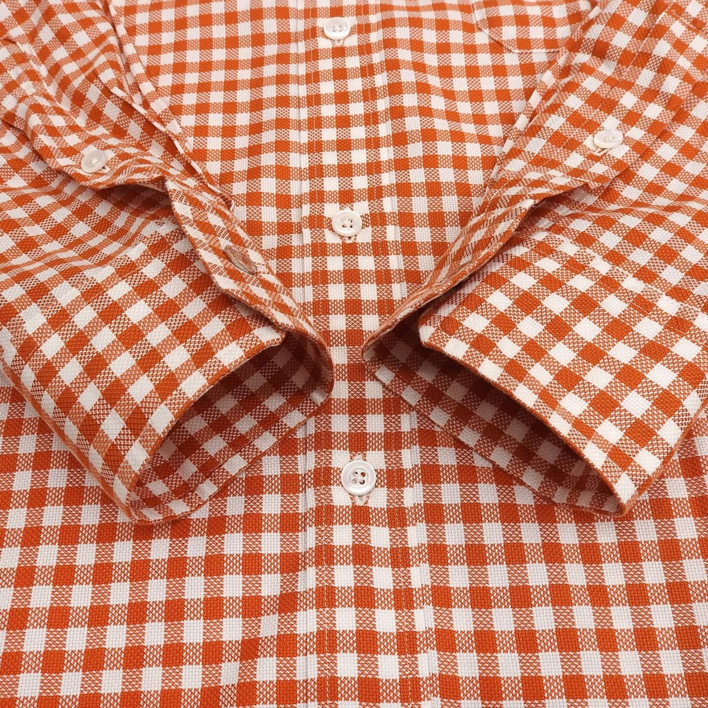 Hermes Cotton 100% Series Button Plaid Long Sleeve Shirt Orange White 41 — view 4