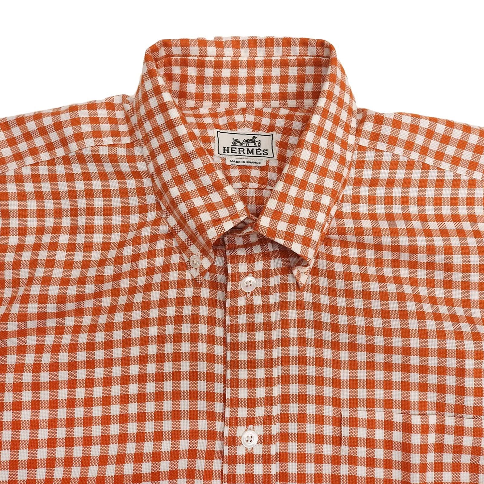Hermes Cotton 100% Series Button Plaid Long Sleeve Shirt Orange White 41 — view 3
