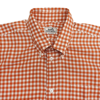 Hermes Cotton 100% Series Button Plaid Long Sleeve Shirt Orange White 41 — view 3