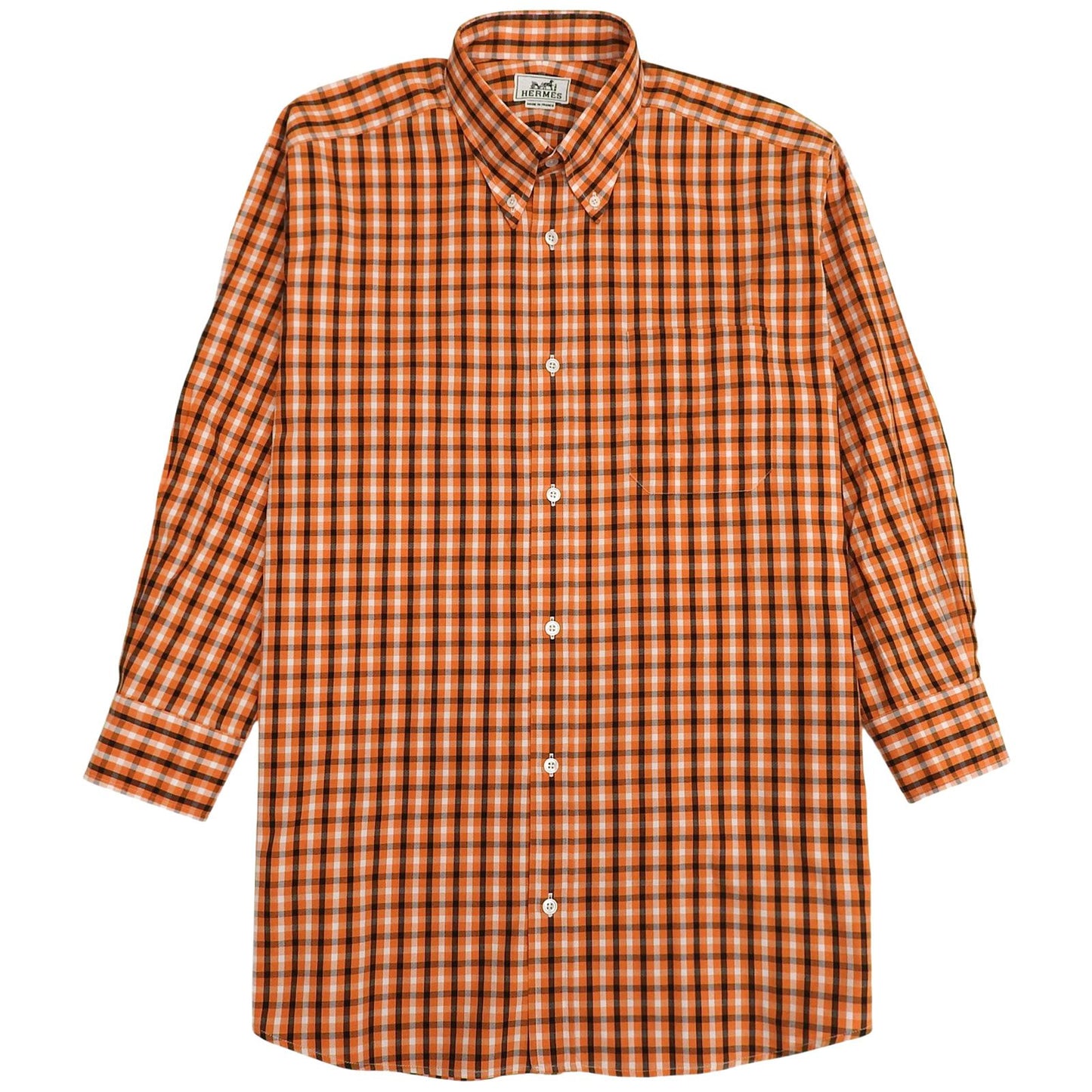 Hermes Cotton 100% Series Button Plaid Long Sleeve Shirt Orange White Black 42