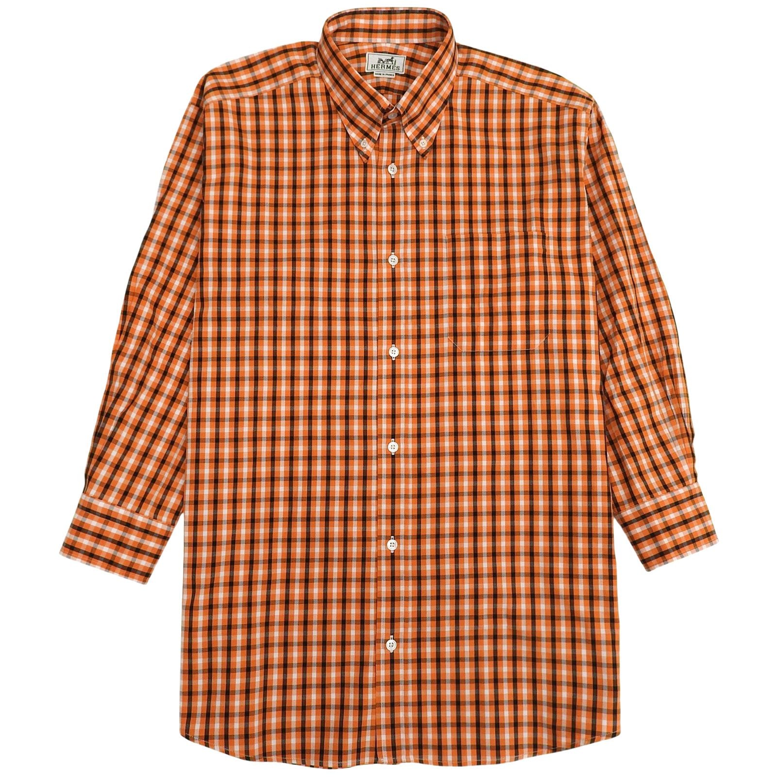 Hermes Cotton 100% Series Button Plaid Long Sleeve Shirt Orange White Black 42