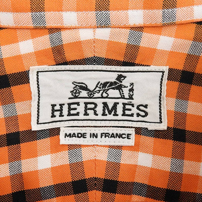 Hermes Cotton 100% Series Button Plaid Long Sleeve Shirt Orange White Black 42 — view 6