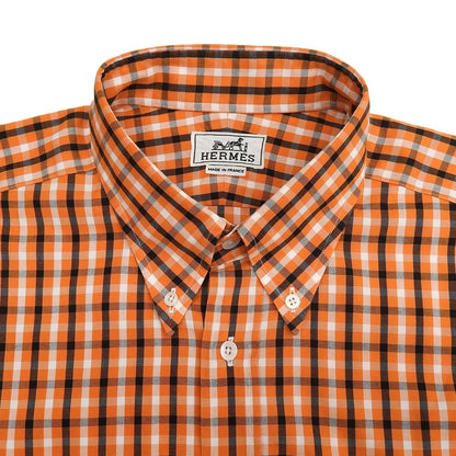 Hermes Cotton 100% Series Button Plaid Long Sleeve Shirt Orange White Black 42 — view 3