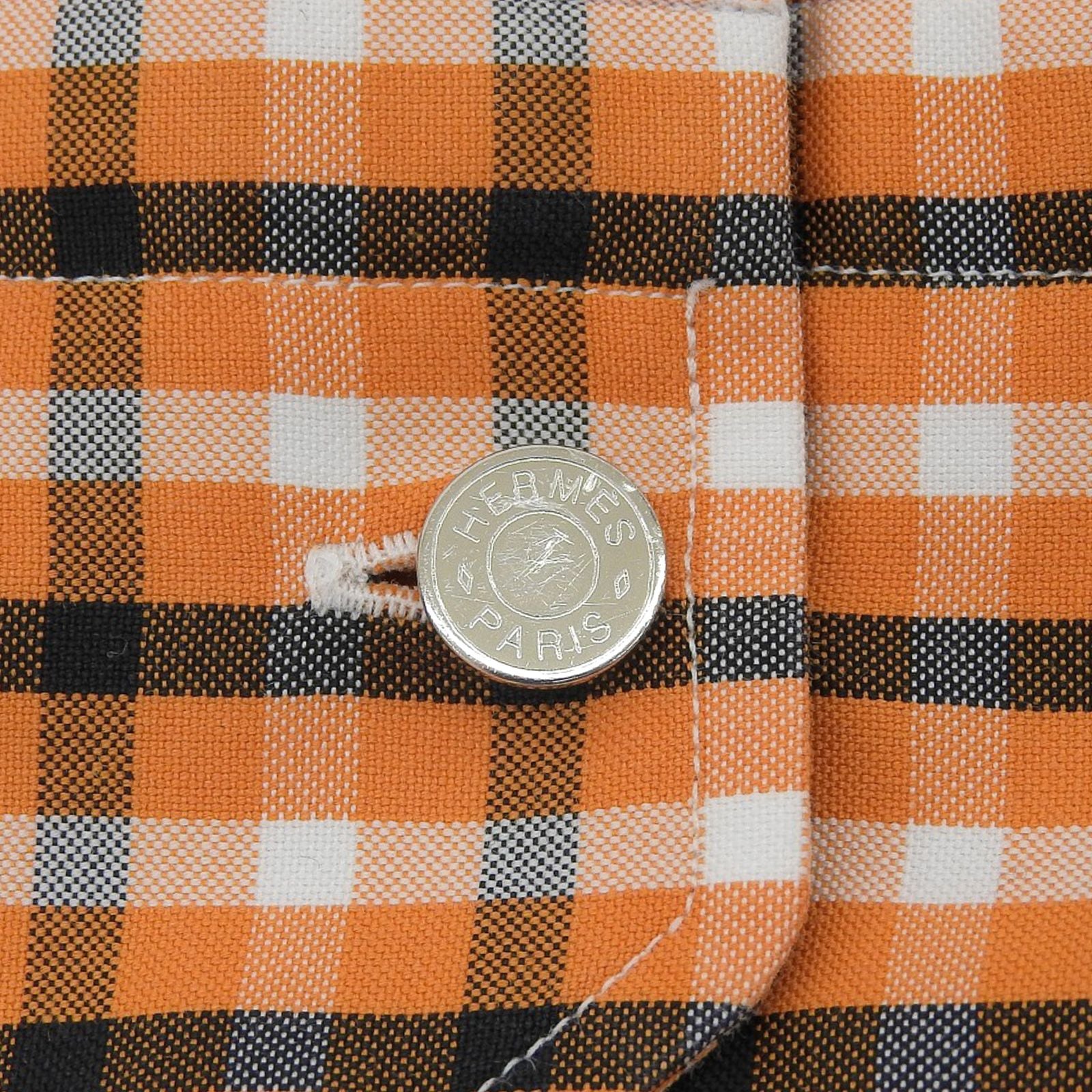 Hermes Cotton 100% Series Button Plaid Long Sleeve Shirt Orange White Black 42 — view 5