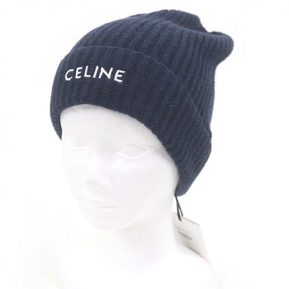 Celine Cashmere Logo Embroidery Beanie Knit Cap Navy Hat
