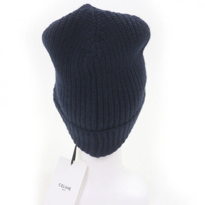 Celine Cashmere Logo Embroidery Beanie Knit Cap Navy Hat — view 3