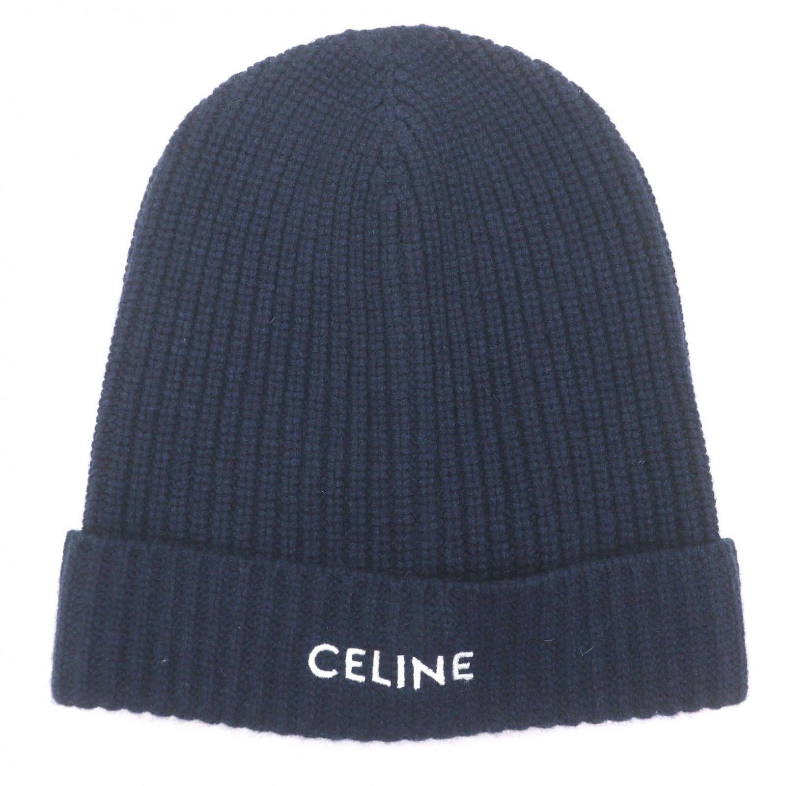 Celine Cashmere Logo Embroidery Beanie Knit Cap Navy Hat — view 4