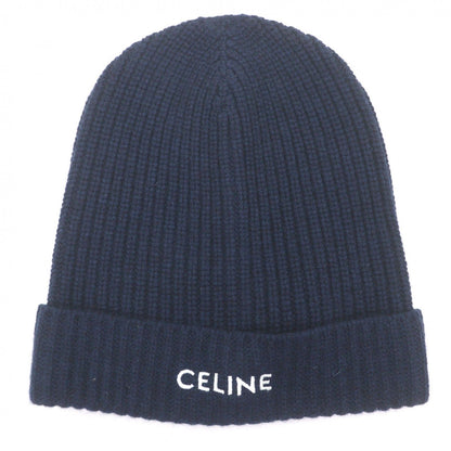 Celine Cashmere Logo Embroidery Beanie Knit Cap Navy Hat — view 4