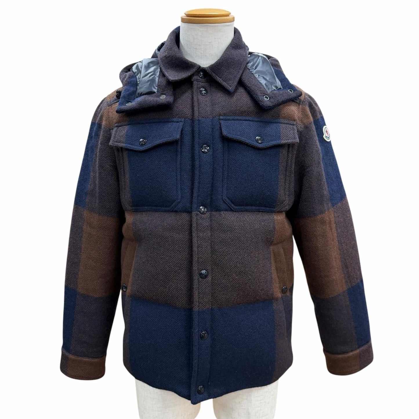 Moncler Ladurns Wool Plaid Hooded Double Zip Up Jacket Brown Navy 0