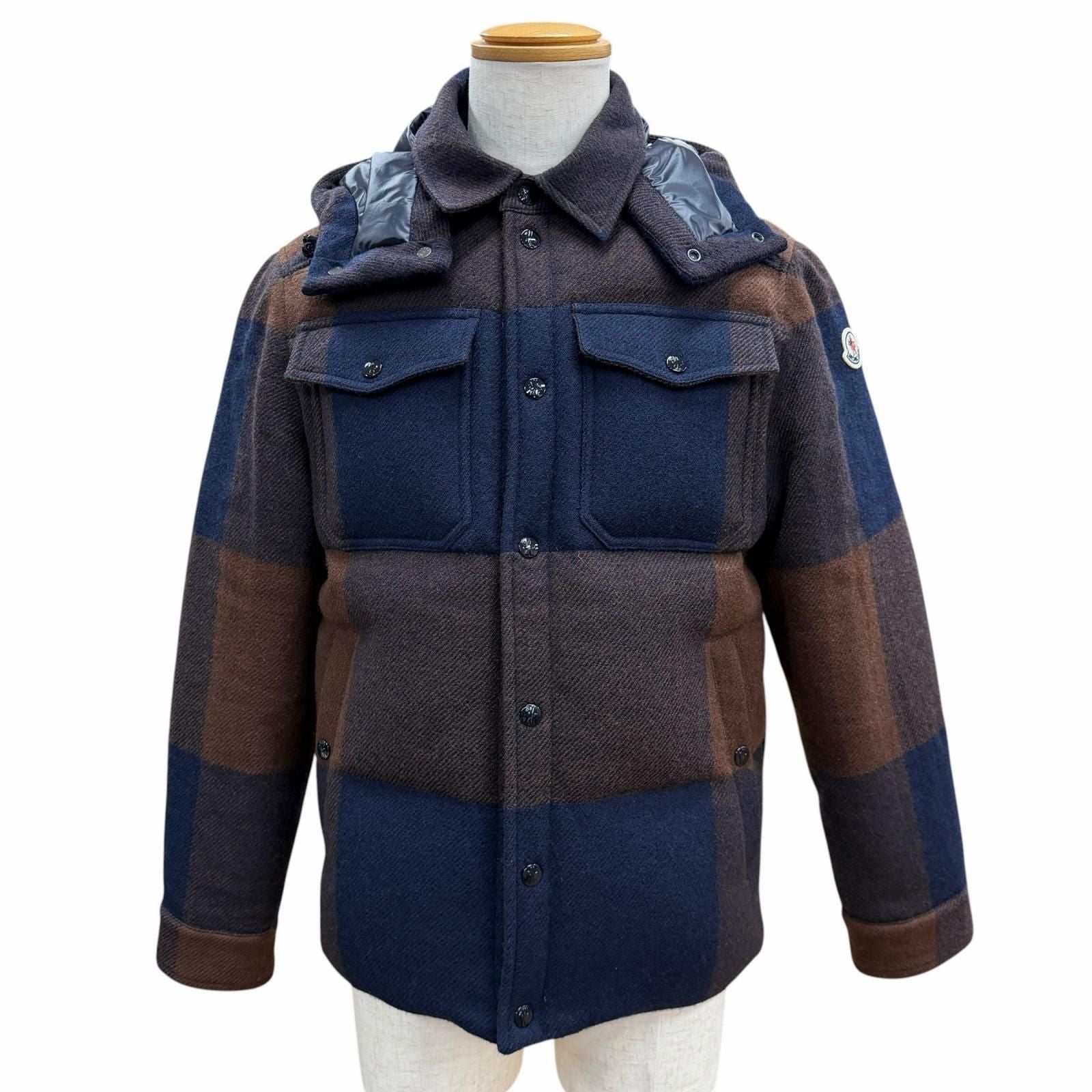 Moncler Ladurns Wool Plaid Hooded Double Zip Up Jacket Brown Navy 0